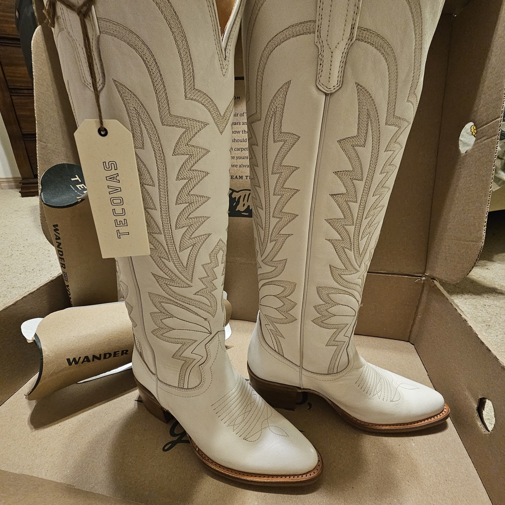 Tecovas White Embroidered Knee-High Leather Cowboy Boots - Picture 6 of 11
